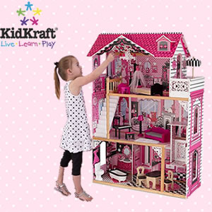 数量限定！家具付 KIDKRAFT　キッドクラフト　アメリアドールハウス 木製ドールハウスセット Amelia Doll House　2階+屋根裏部屋付　おままごと長く遊べる！バービー人形、リカちゃん人形にも！ままごと