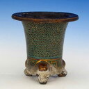【現品】 京楽焼植木鉢 万年青錦鉢 七々子 古鉢 興楽園製 3.5号(No.4811)【オモト/石斛/セッコク/長生蘭/古典園芸/着生ラン/ラン科植物】【京楽鉢/楽鉢/黒楽鉢/京楽焼鉢】
