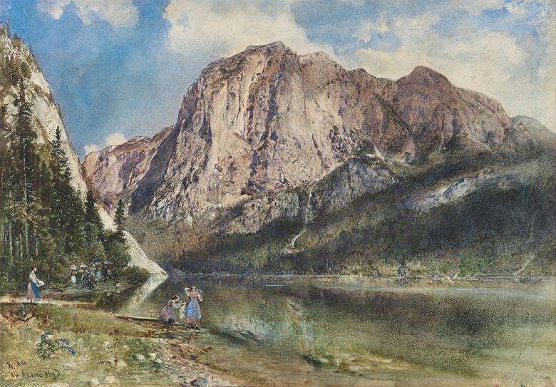 油絵 油彩画 絵画 複製画 ルドルフ・フォン・アルト アルタウッゼーの湖と山 P10サイズ P10号 530x410mm すぐに飾れる豪華額縁付きキャンバス