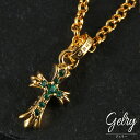 メンズ ネックレス ベイビーファット クロス チャーム エメラルドカラー 22K ゴールド