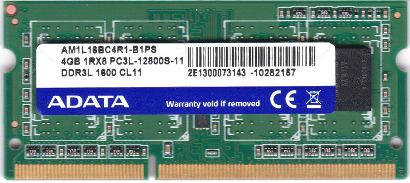 ADATA 低電圧対応メモリ (1.35 V) PC3-12800S (DDR3-1600) 4GB SO-DIMM 204pin (AM1L16BC4R1-B1PS) ノートパソコン用メモリ 動作保証品【中古】
