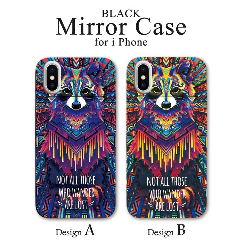 鏡付き ミラー付き iPhoneケース iPhoneX/XS iPhone8 iPhone7 ミラー付き ハードケース ブラック iPhone6s/6 スマホカバー メンズ アライグマ たぬき エスニック トライバル ネイティブtribal native ethnic かっこいい ICカード収納 多機能ケース 電磁波干渉防止シート付