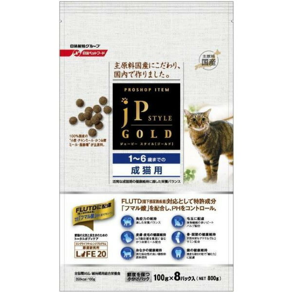 [ジェーピースタイルゴールド]JP STYLE GOLD キャットフード ドライ 1〜6歳までの成猫用 800g(小分け100g×8パック入) [国産][正規品]【Aug08P3】