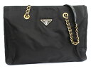 【PRADA】プラダ レザー ナイロン チェーンショルダーバッグ ハンドバッグ ショルダー ブラック G金具 大容量バッグ 【中古】