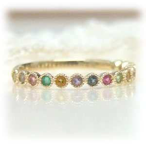【2011クリスマス】☆Rainbow☆虹色の天然石に願いを込めて‥☆クラシカルなミル打ちデザインが特別感たっぷり！アミュレット　イエローゴールド指輪誕生日　プレゼント