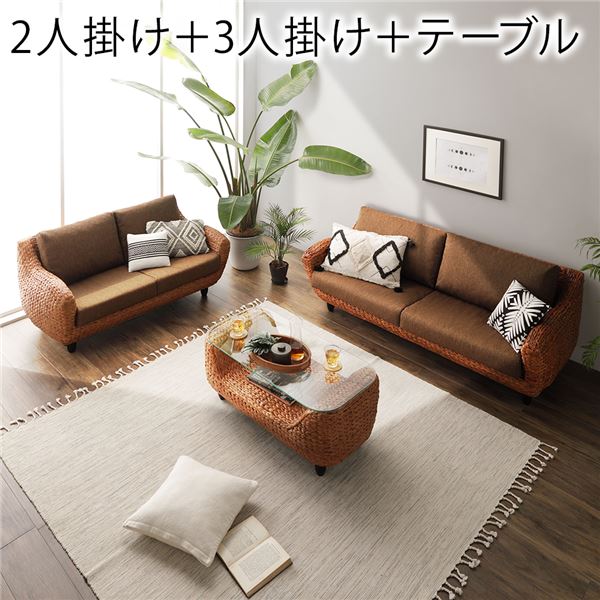 【ポイント20倍】〔開梱組立設置サービス付き〕 インテリア家具 3点セット 2人掛けソファ＋3人掛けソファ＋ローテーブル ブラウン 木製 脚付 アジアン調【代引不可】
