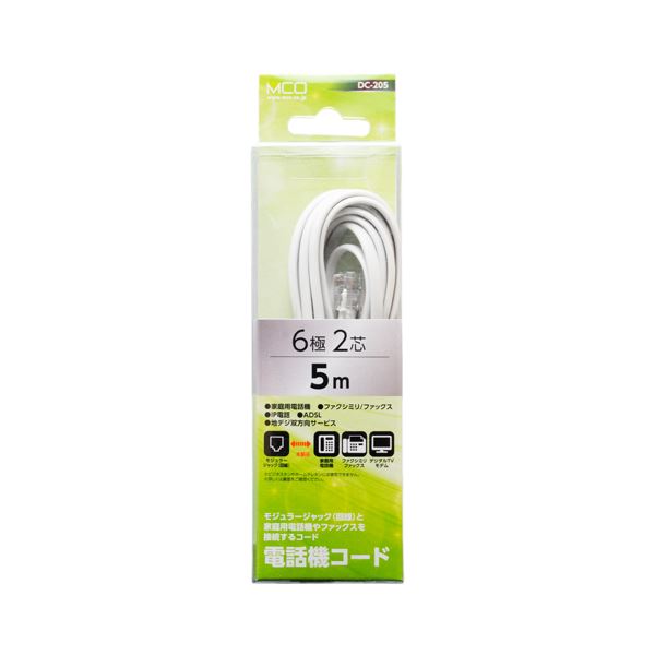 【ポイント20倍】（まとめ） ミヨシ 電話用モジュラーコード 6極2芯 白 5m DC-205／WH 【×10セット】