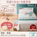 収納ベッド シングル【Fleur】【薄型・軽量ポケットコイルマットレス付き】フレームカラー:ショート丈S-ホワイト カバーカラー:オリーブグリーン 棚・コンセント付き収納ベッド【Fleur】フルール