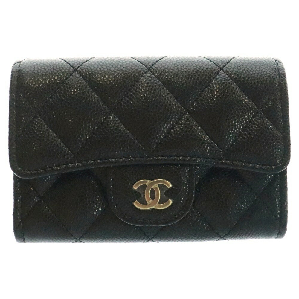 CHANEL(シャネル) マトラッセ ココマーク スモール カードケース コインケース ゴールド金具 キャビアスキン ブラック 名刺入れ【中古】【程度S】
