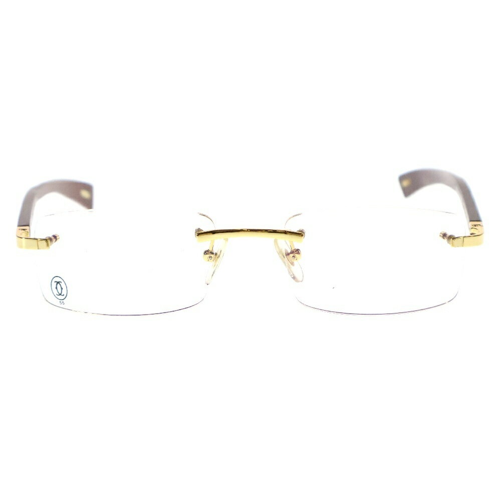 Cartier(カルティエ) レクタングル リムレス ウッドテンプル メガネ 眼鏡 ゴールド金具 ブラウン 6699852【中古】【程度A】