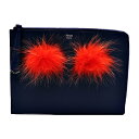 超美品 FENDI フェンディ モンスター バッグバグズ クラッチバッグ 8M0363 カーフ ファー ネイビー レッド系 セカンドバッグ【本物保証】【中古】