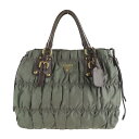 PRADA プラダ ショルダーバッグ BN1788 ナイロン レザー FUMO カーキ系 ブラウン ギャザー 2WAY ハンドバッグ【本物保証】【中古】