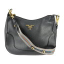 美品 PRADA プラダ ヴィッテロ ダイノ ショルダーバッグ 1BC052 VITELLO DAINO レザー NERO ブラック クロスボディバッグ SACCA ロゴ マルチカラーストライプストラップ【本物保証】【中古】