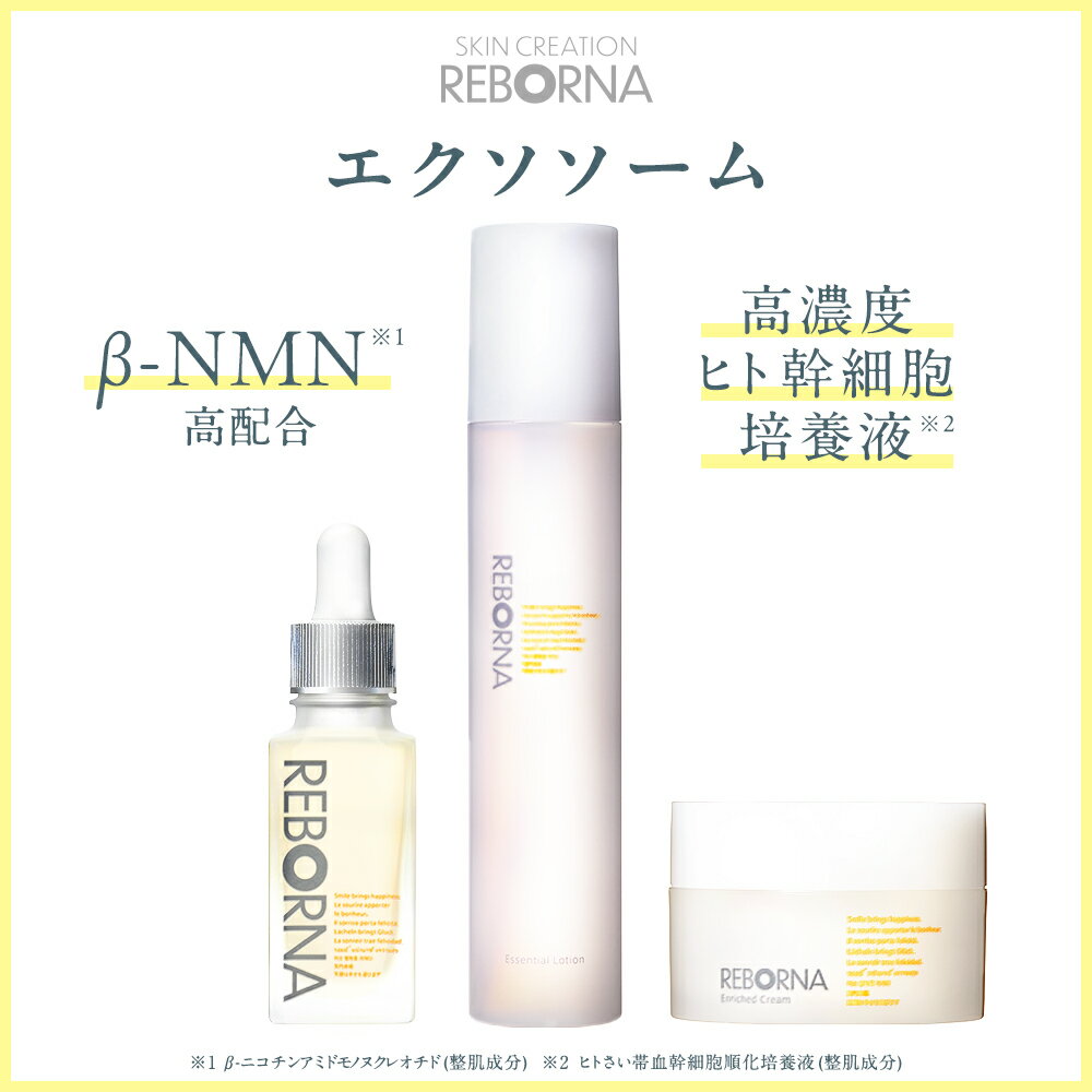 【今ならポイント20倍】REBORNA 3step kit NMN 高含有 <strong>ヒト幹細胞</strong> <strong>美容液</strong> SERUM Essential Lotion Cream <strong>高濃度</strong> ヒトさい帯血 サプリ nmn 国産 保湿 美肌 エイジングケア ビタミンc誘導体 レスベラトロール 乾燥肌 敏感肌 リポソーム リボーナセラム 999studio 公式