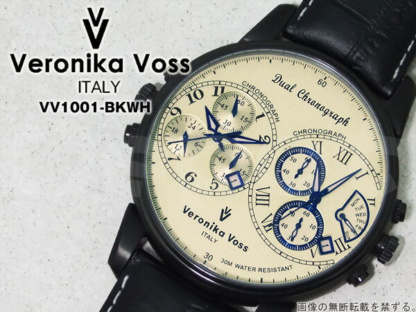 【送料無料】【Veronika Voss】ヴェロニカボス　デュアルクロノグラフ腕時計ブラック×ホワイト53mmビックフェイスタイプデュアルタイム/ツインクロノグラフカレンダー機能多機能モデルあす楽対応