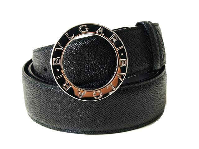 BVLGARI 20230Round curved men beltブルガリ リバーシブルベルト丸型バックル　グレインレザーベルトサイズ 115cm 調整可能ブラック×ブラック☆★2012サマーセール・新品・送料無料23%OFF!!