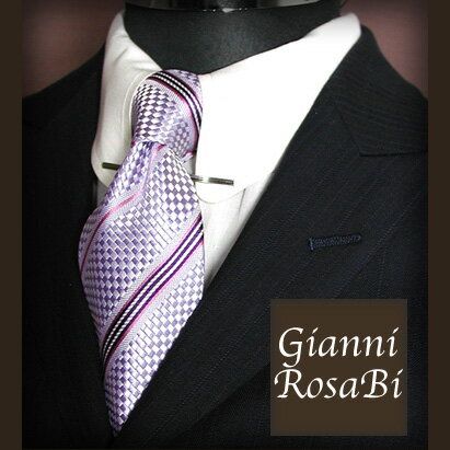 【Gianni Rosabi】シルクネクタイ[市松模様×ストライプ柄]ラベンダー×ピンク