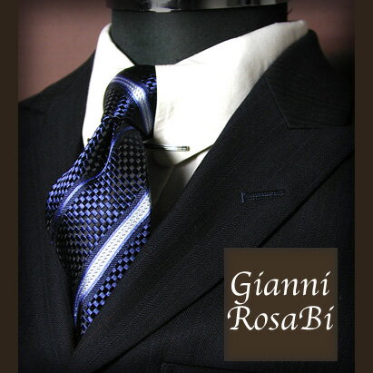 【Gianni Rosabi】シルクネクタイ[市松模様×ストライプ柄]ネイビー 紺