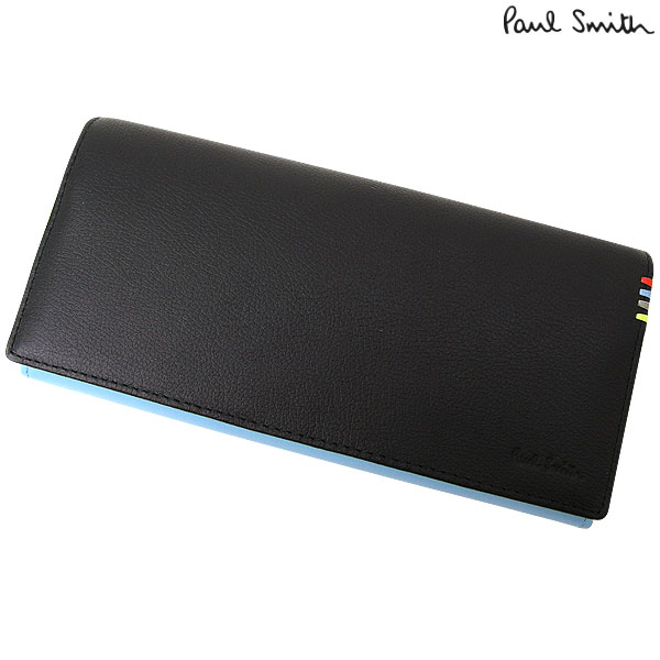 ポールスミス Paul Smith 財布　コントラストインサイド 長財布 (#2) / ブラックxスカイブルー [PSU008]【新品】【箱付き】【サイフ/さいふ】【メンズ】【牛革レザー】