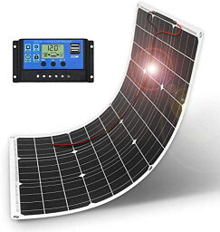 DOKIO <strong>50W</strong> フレキシブル ソーラーパネル 単結晶 18V 車中泊 自作のソーラー発電に最適な小型・家庭用太陽光パネル 10Aチャージャーコントローラー付