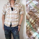 【半額以下%OFFセールSALE】半袖クリンクルチェックシャツ・メンズ《ブラウン系》刺繍入りウエスタン【M】【L】.