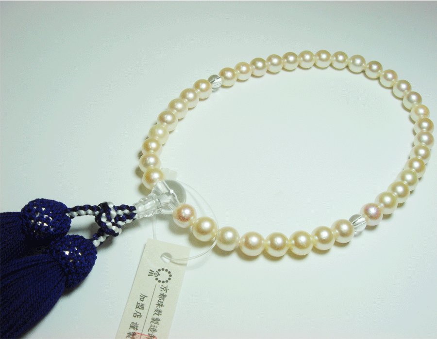 【送料無料】本真珠　水晶仕立　正絹頭付房(紫色）　京都数珠製造組合のタグ付