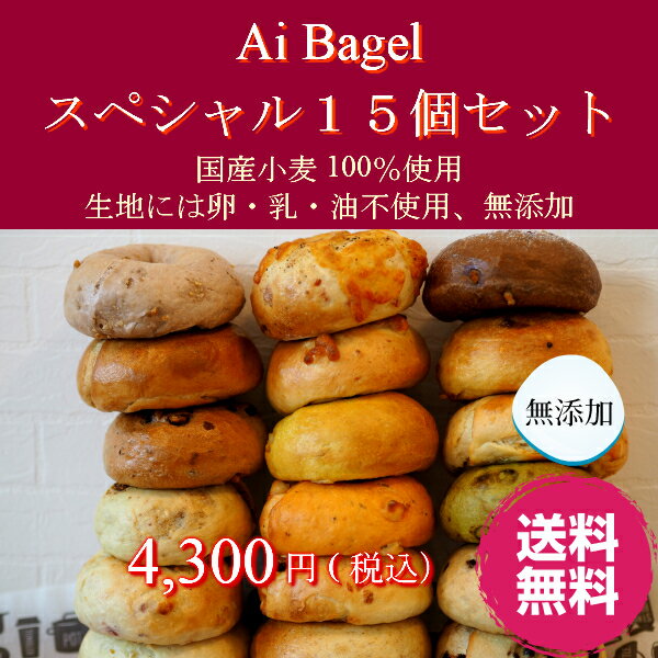 【送料無料】ベーグル セット 【職人の手作りでもっちもち Ai Bagel スペシャルベーグル15個セット】 国産小麦 無添加 冷凍 ギフト 生地には 卵 油脂 乳 不使用 お試し 茹でて焼くパン