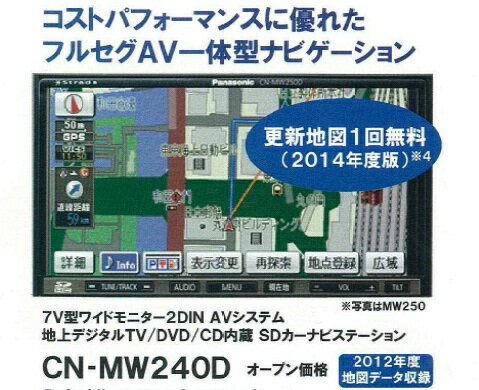 CN-MW240D/パナソニック7型ワイドモニター AVシステムSDカーナビゲーション【即納可!!代引き込み!!送料込み!!】CN-MW240D