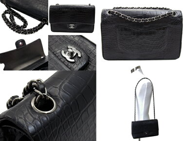 【CHANEL】シャネルマットクロコダイルマトラッセWフラップチェーンショルダーバッグブラック黒ガンメタル金具【中古】MatelasseBlack