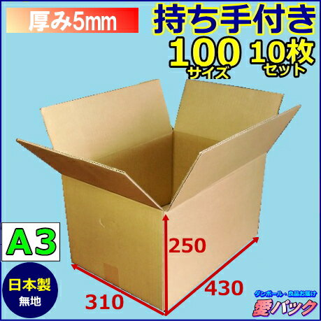 ダンボール100サイズ A3(引越し用ダンボール箱) 持ち手段ボール 日本製ダンボール 無…...:aipabox:10000008