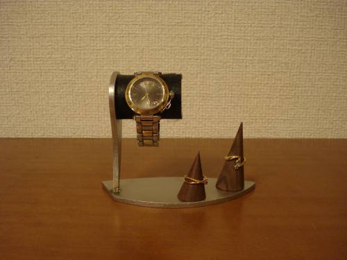 デザインブラックコルクデスク腕時計スタンド　ダブルリングスタンド付き　WS137