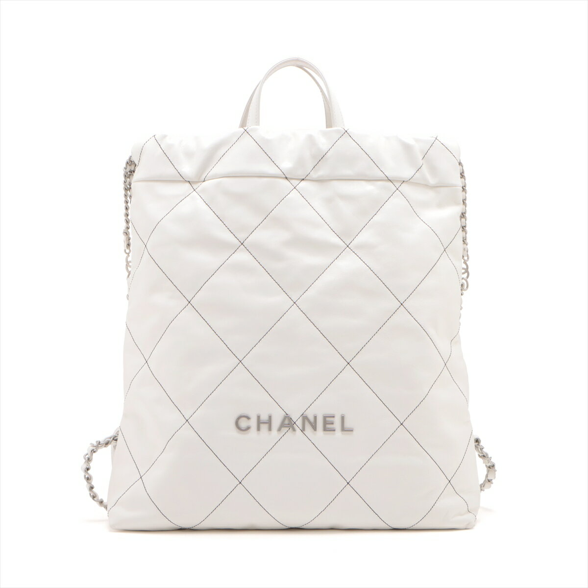 【中古】シャネル シャネル22 バックパック シャイニーカーフスキン チェーンリュック ホワイト シルバー金具 ランダムプレート AS3313