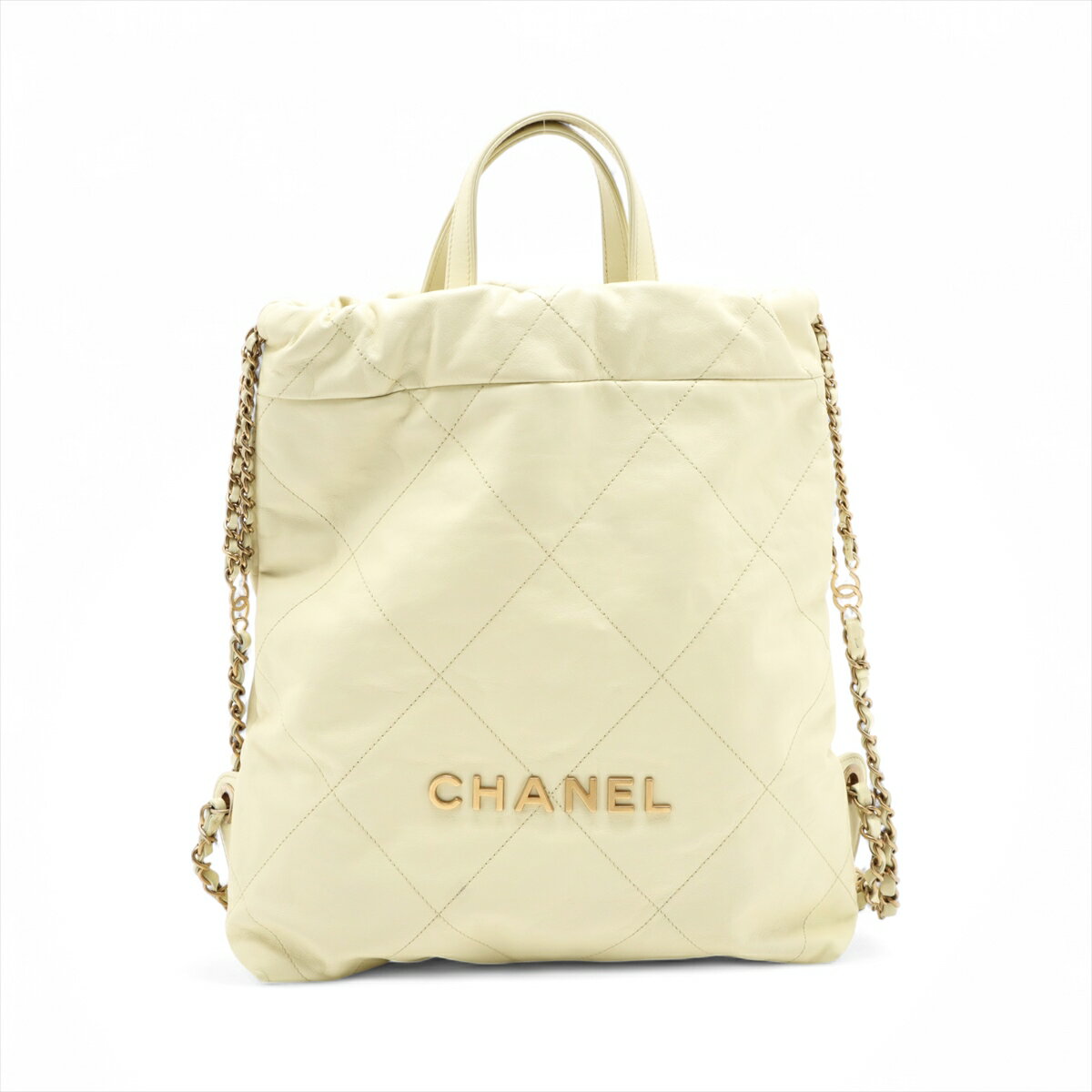 【中古】シャネル シャネル22 バックパック シャイニーカーフスキン チェーンリュック イエロー ゴールド金具 ランダムプレート AS3859