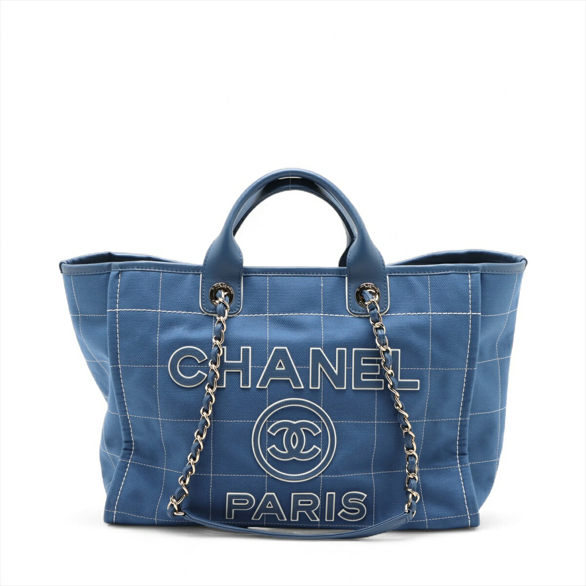 【中古】シャネル ドーヴィルGM キャンバス 2WAYトートバッグ ブルー シルバー金具 ランダムプレート A66941