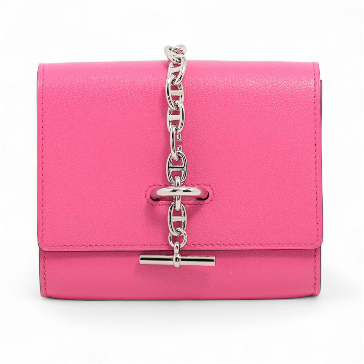 【中古】エルメス シェーヌダンクル シェブルミゾル コンパクトウォレット ピンク シルバー金具 W:2024年 ストラップ付属