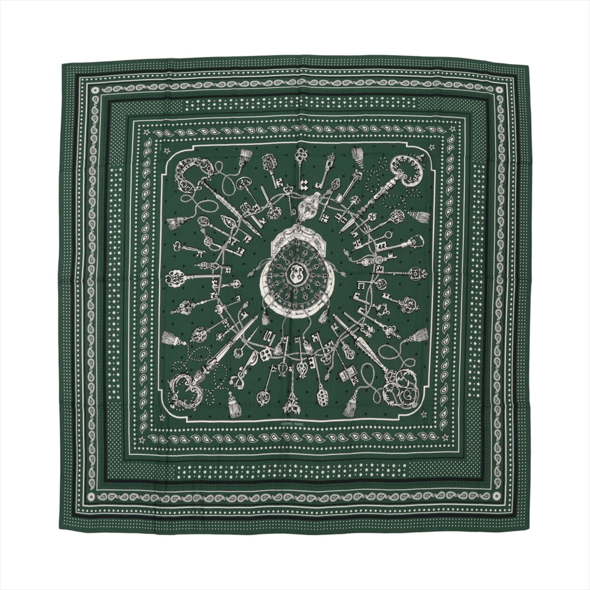 【中古】エルメス カレジェアン Les Cles Bandana 鍵 ストール カシミヤ グリーン