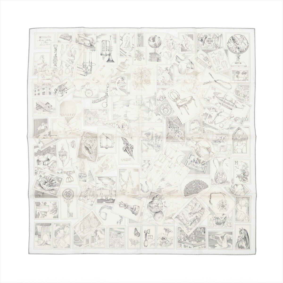 【中古】エルメス カレ90 LE PHILATELISTE DU FAUBOURG フォーブルの切手愛好家 スカーフ シルク アイボリー