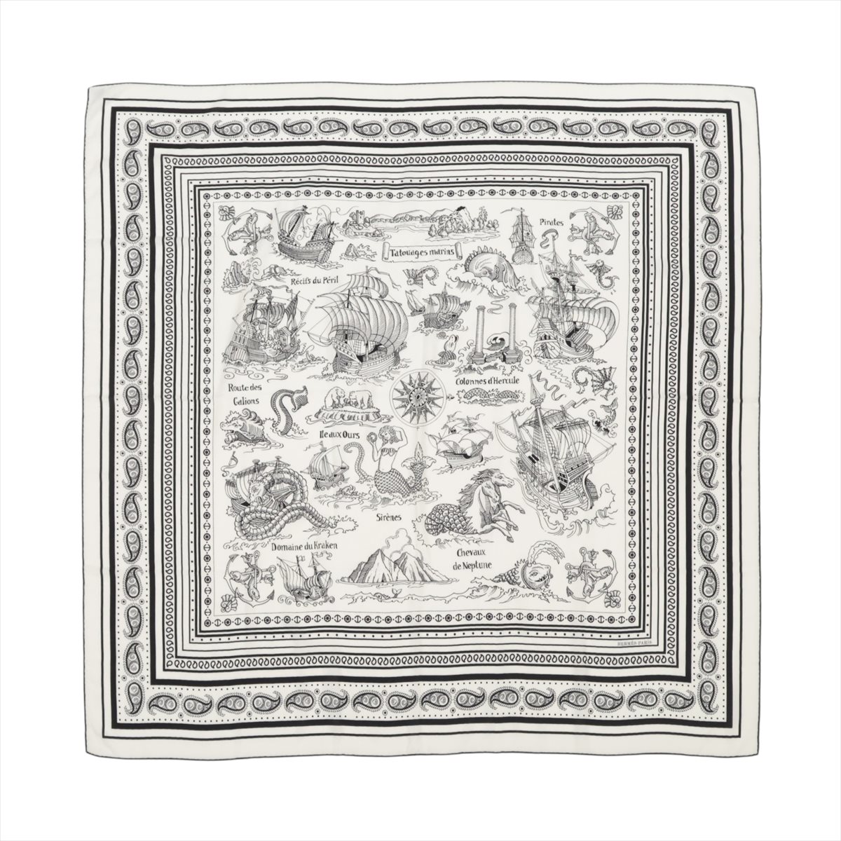 【中古】エルメス カレジェアン Tatouages Marins Bandana 船乗りのタトゥー バンダナ ショール カシミヤ×シルク ブラック×ホワイト