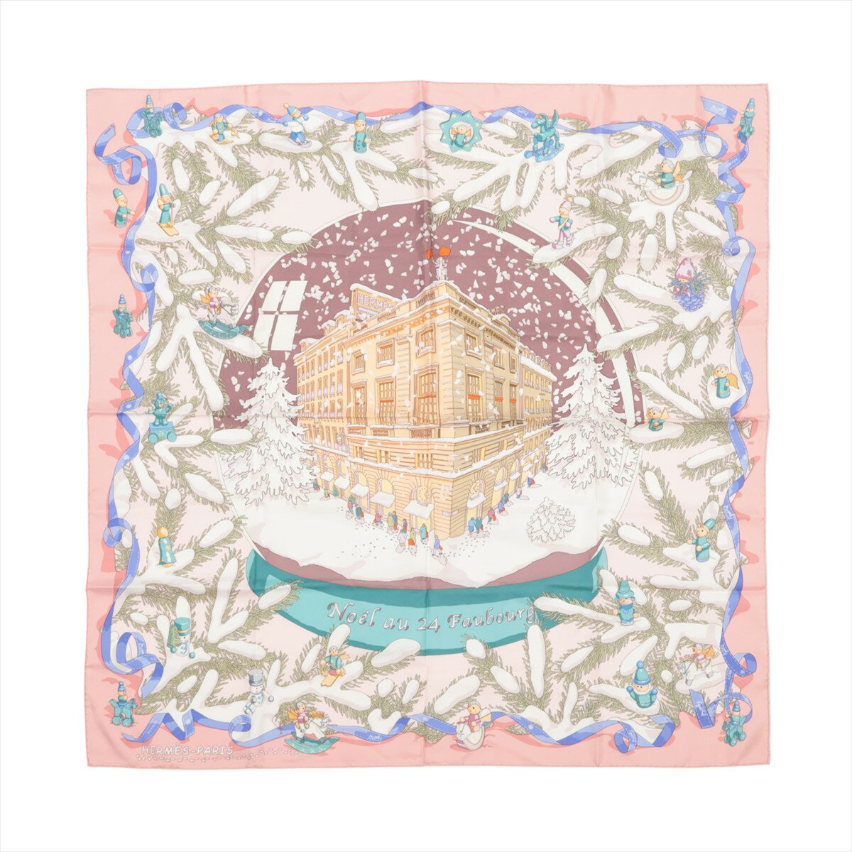 【中古】エルメス カレ90 Noel au 24 Faubourg フォーブル24番地のクリスマス スカーフ シルク ピンク