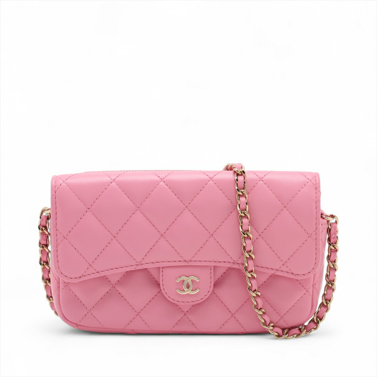 【中古】シャネル マトラッセ ラムスキン チェーンウォレット ピンク ゴールド金具 ランダムシリアル AP2096　