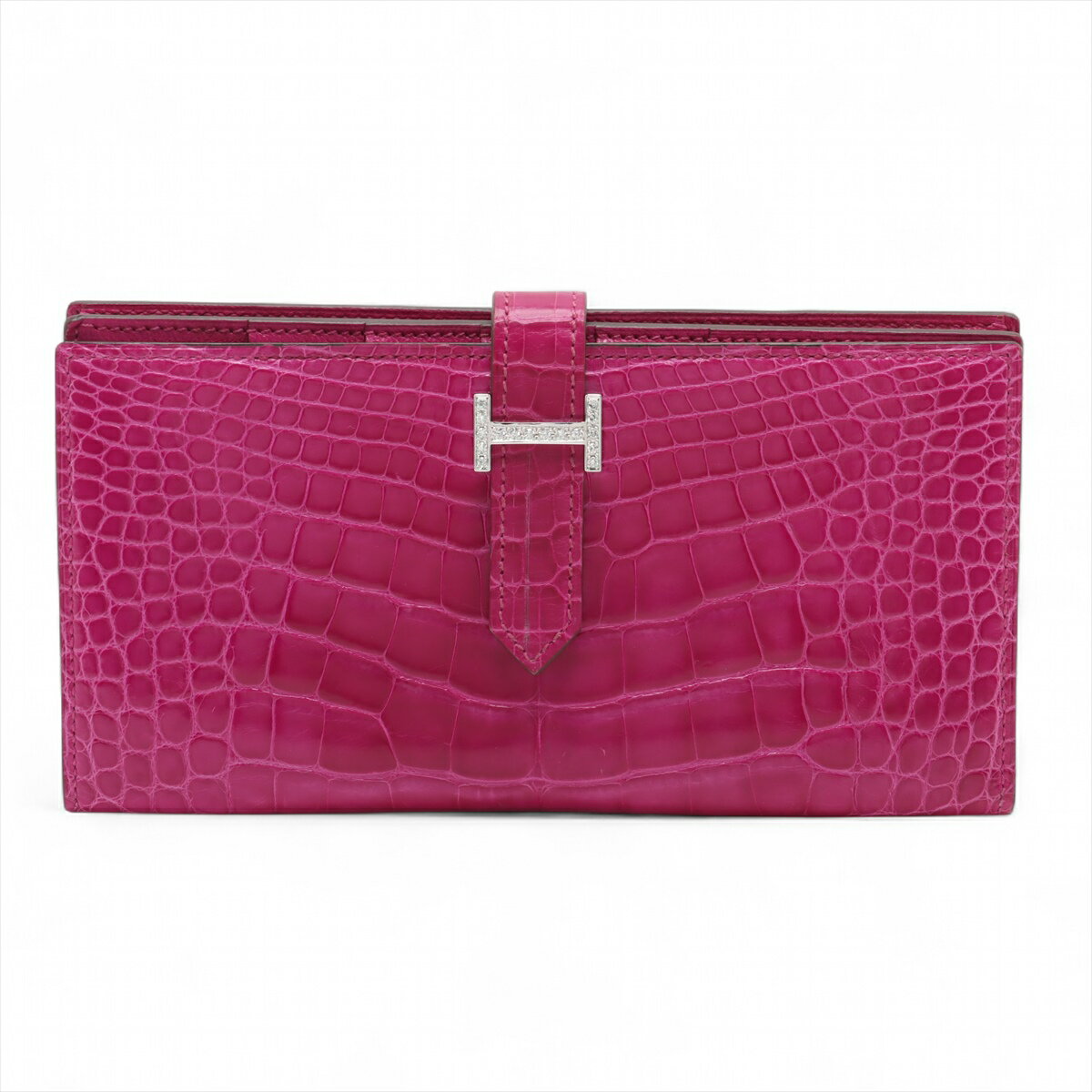 【中古】エルメス ベアンスフレ アリゲーター ロングウォレット ローズシェヘラザード シルバー金具 □O:2011年 金具ダイヤモンド後付け社外加工 あり