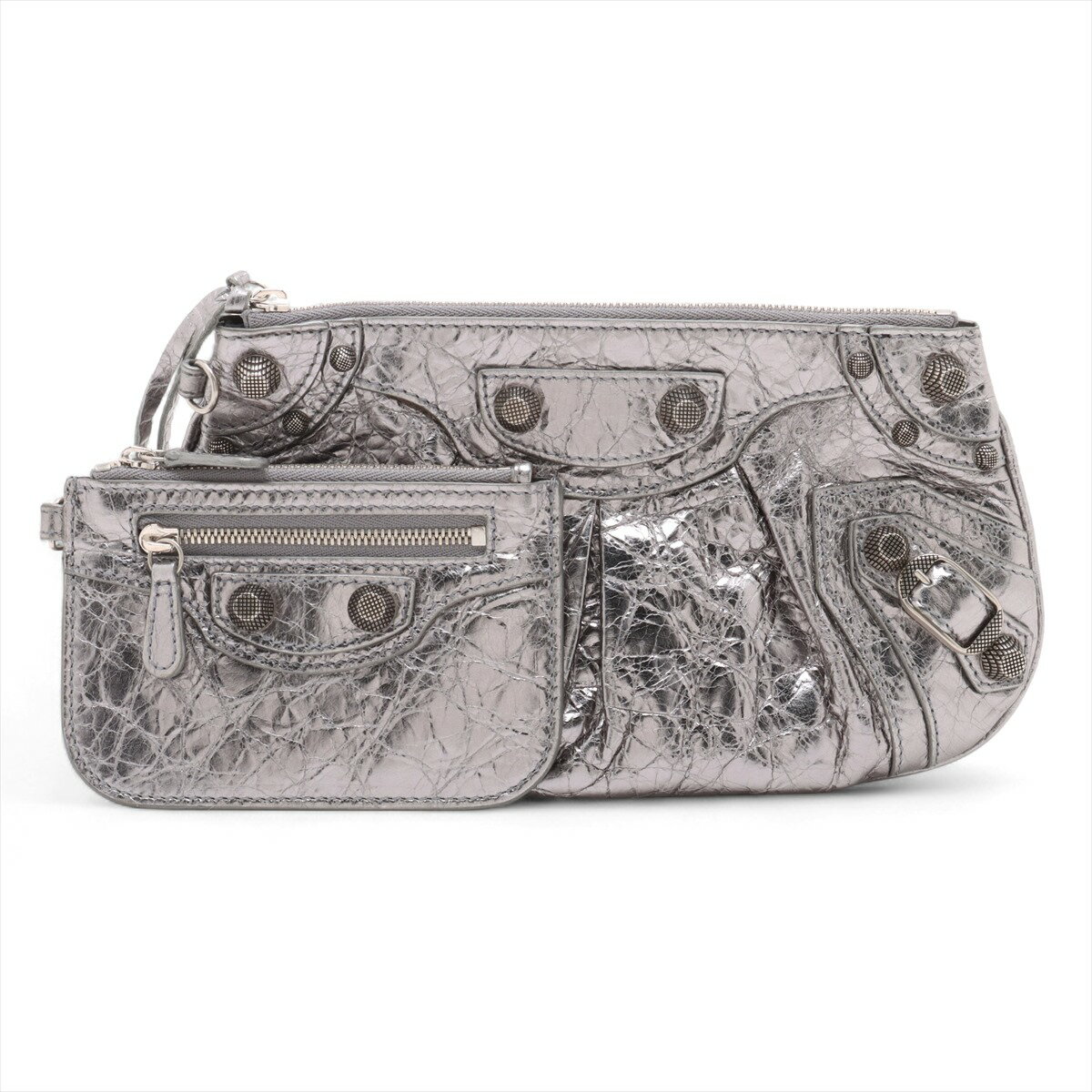 【中古】バレンシアガ ルカゴール レザー ポーチ シルバー ミラー付