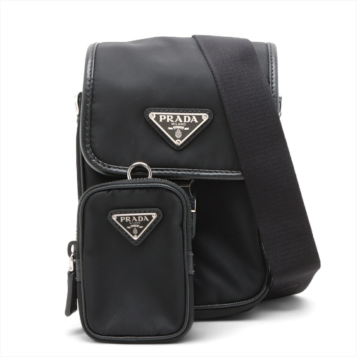 【中古】プラダ テスート×サフィアーノ ナイロンxレザー ショルダーバッグ ブラック
