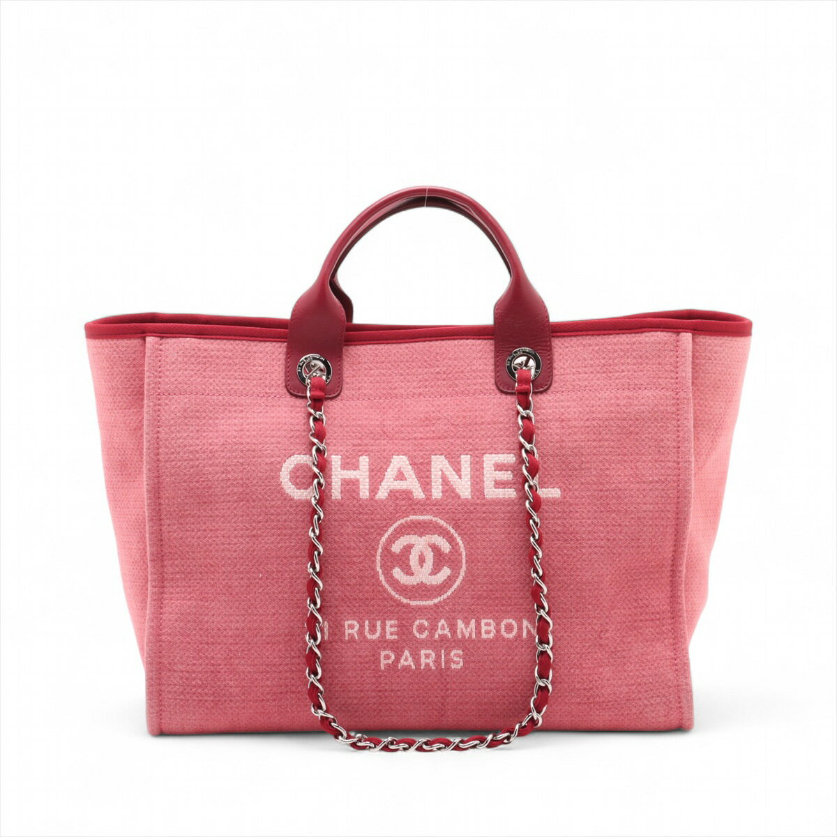 【中古】シャネル ドーヴィルGM キャンバスxレザー 2WAYトートバッグ レッド シルバー金具 15番台