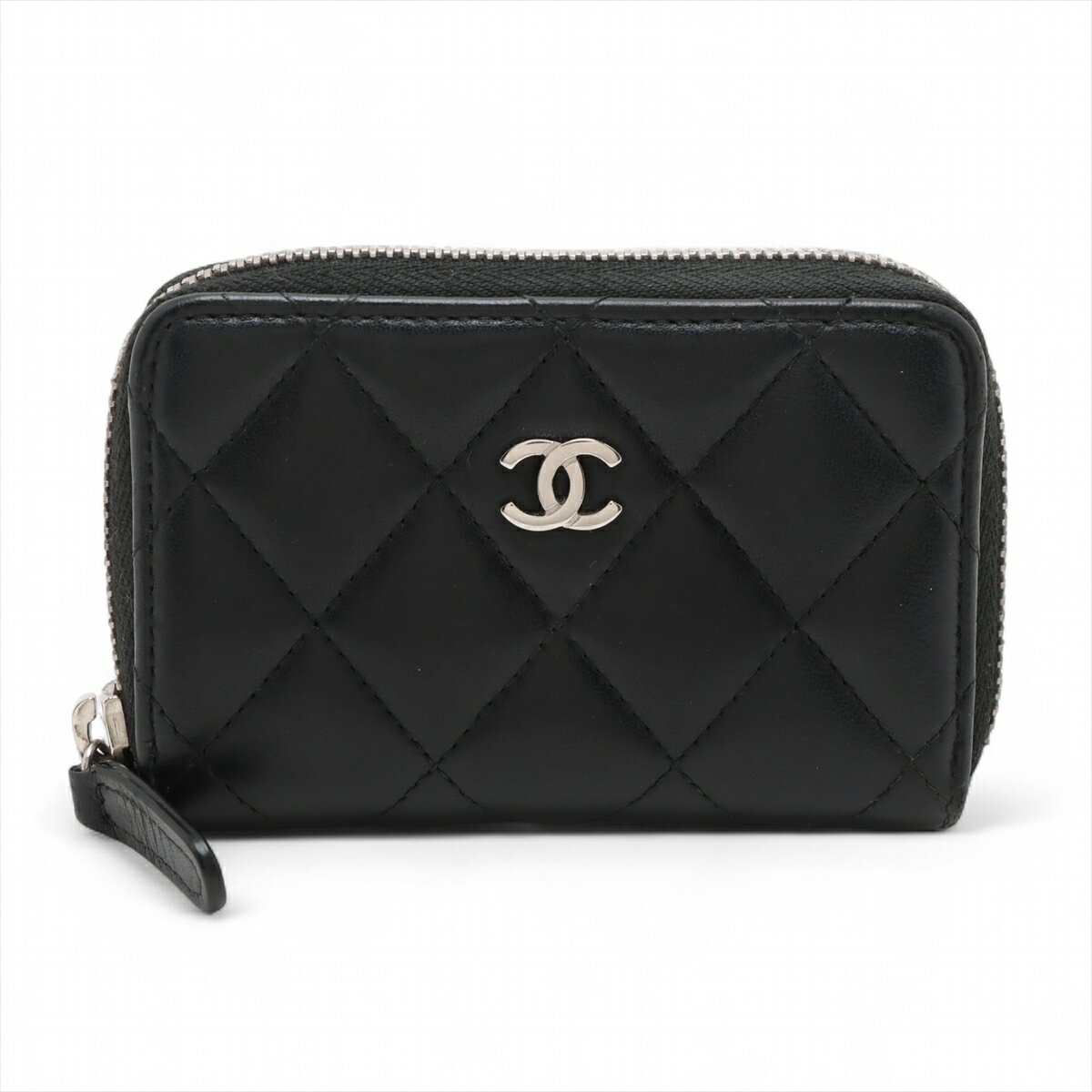 【中古】シャネル マトラッセ ラムスキン コインケース ブラック シルバー金具 21番台