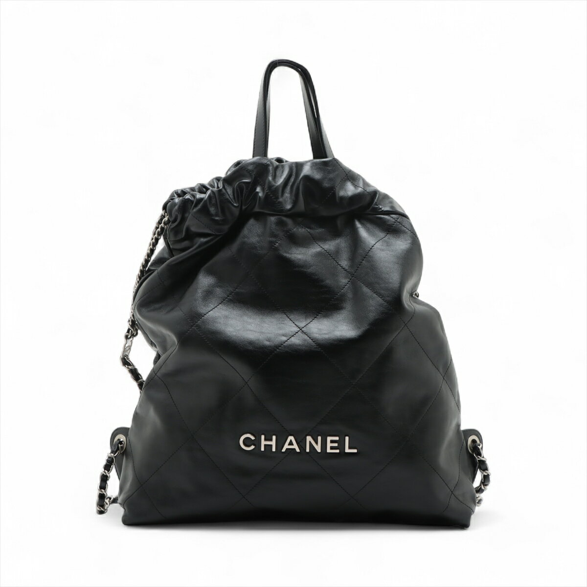 【中古】シャネル シャネル22 バックパック シャイニーカーフスキン チェーンリュック ブラック シルバー金具 ランダムプレート AS3859