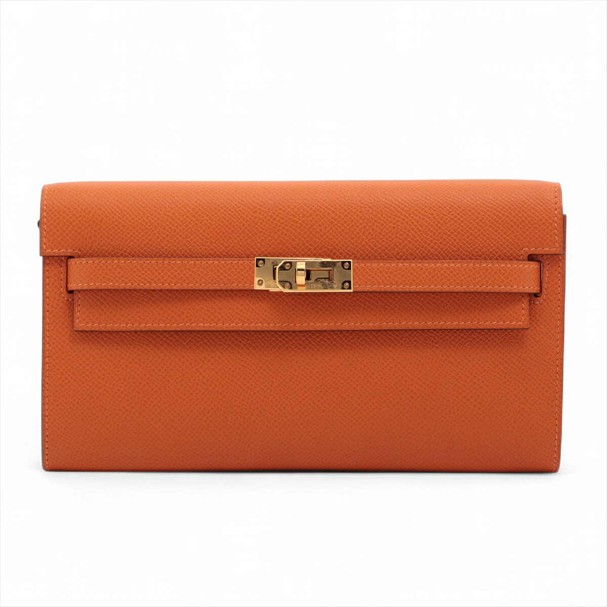 【中古】エルメス ケリーウォレット トゥーゴー ヴォーエプソン オレンジ ゴールド金具 U:2022年