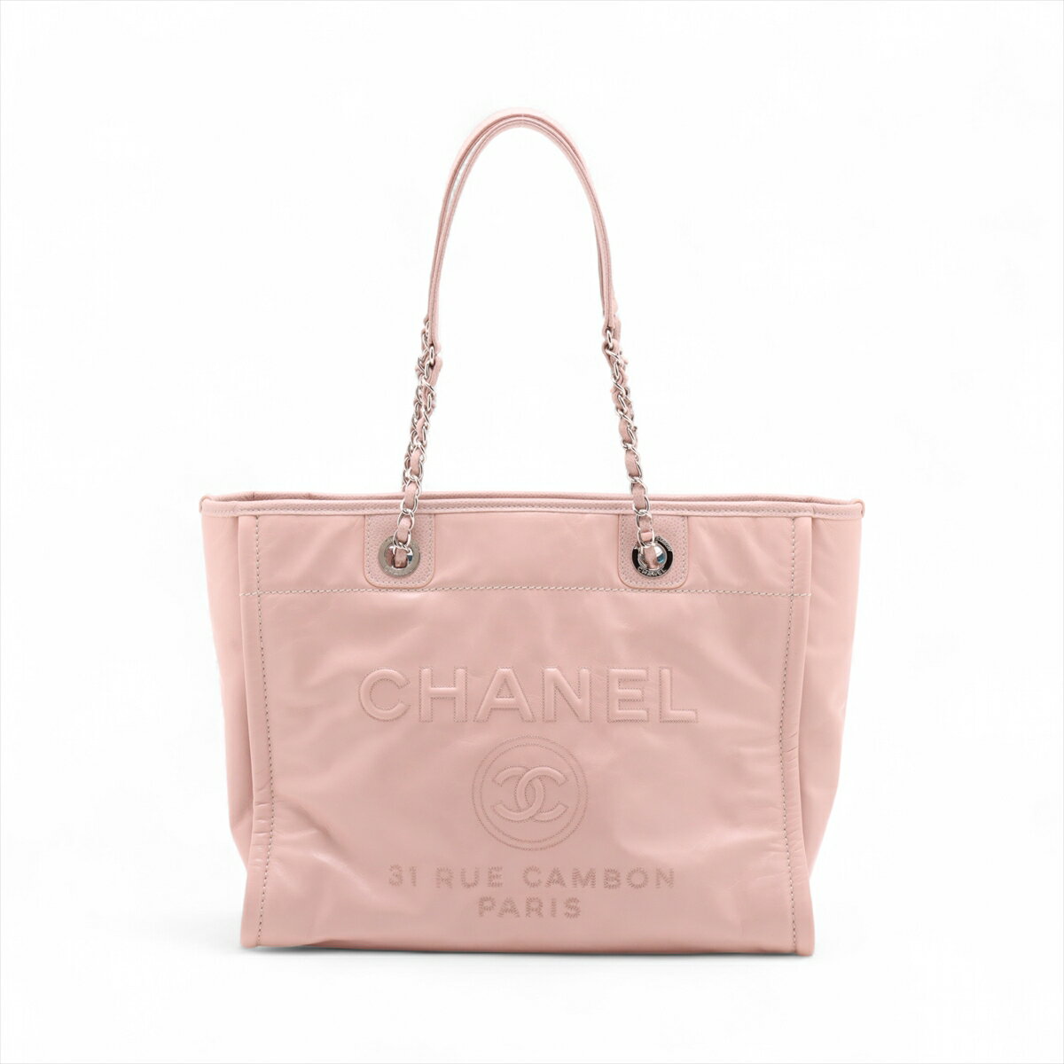 【中古】シャネル ドーヴィルMM レザーxキャビアスキン チェーントートバッグ ピンク シルバー金具 22番台