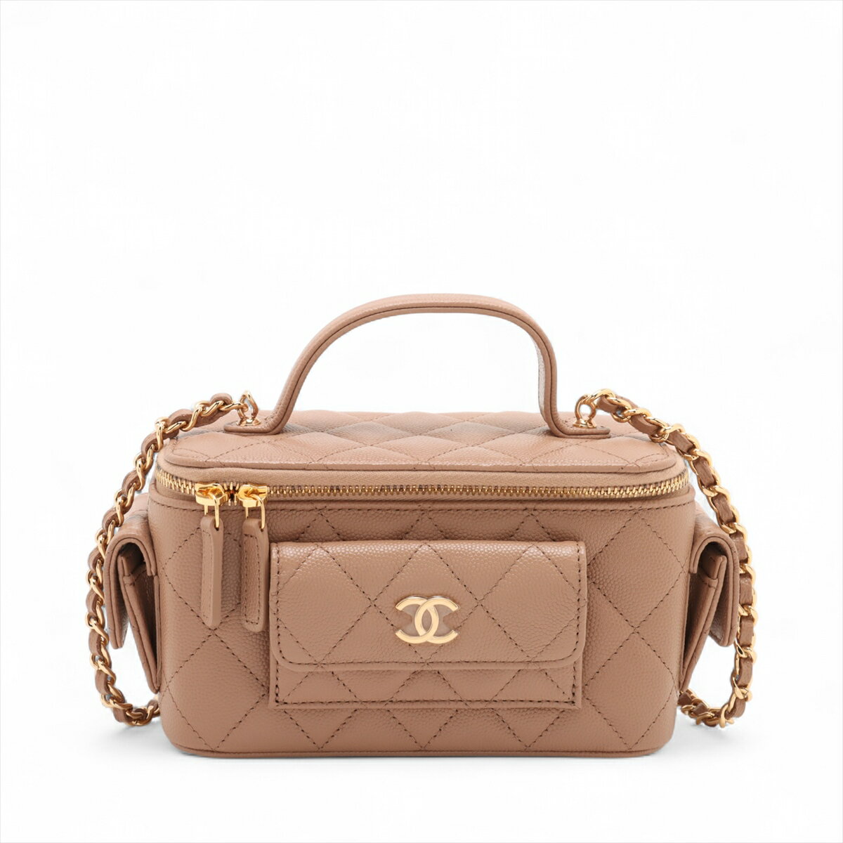 【中古】シャネル マトラッセ キャビアスキン バニティバッグ チェーンショルダーバッグ ベージュ ゴールド金具 ランダムシリアル