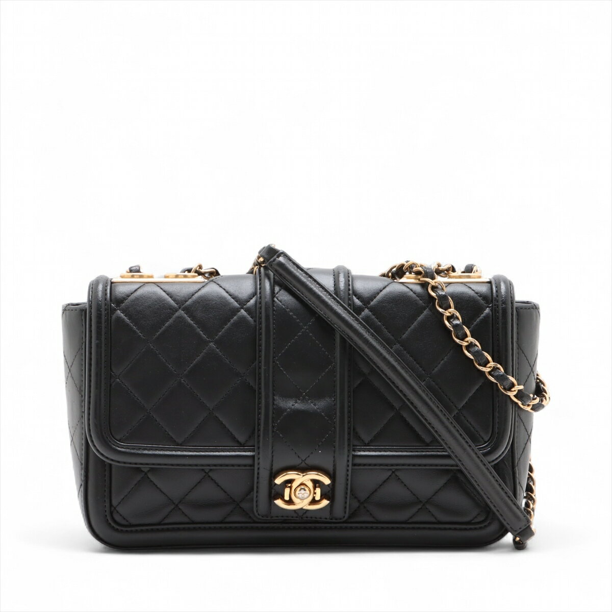 【中古】シャネル マトラッセ レザー シングルフラップ ダブルチェーンバッグ ブラック ゴールド金具 23番台